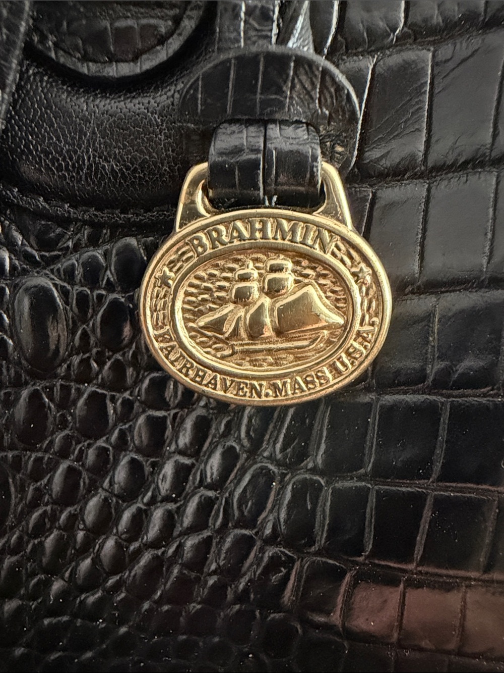 Brahmin Black Croc-Embossed Shoulder Bag with Gold Medallion